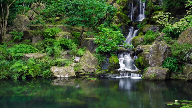 Waterfalls at Daytime in Japanese Garden Wallpaper