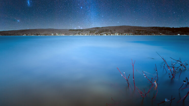 Quebec Nature Landscape with Lake, Hill, and Stars