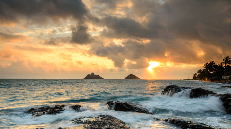 Hawaii Sunrise Waves & Ocean Rocks Wallpaper