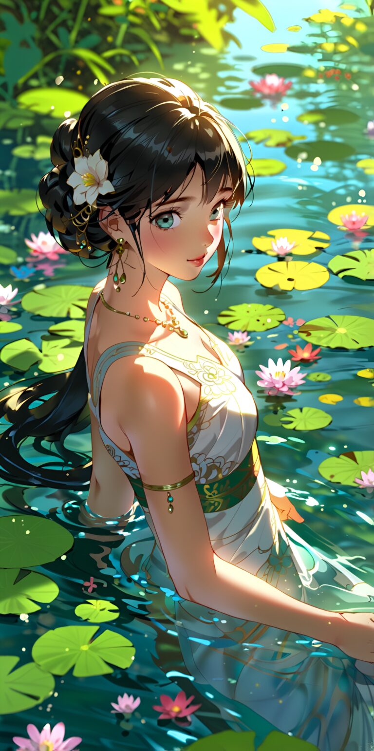 Enchanting Water Goddess in Ethereal Garden Wallpaper