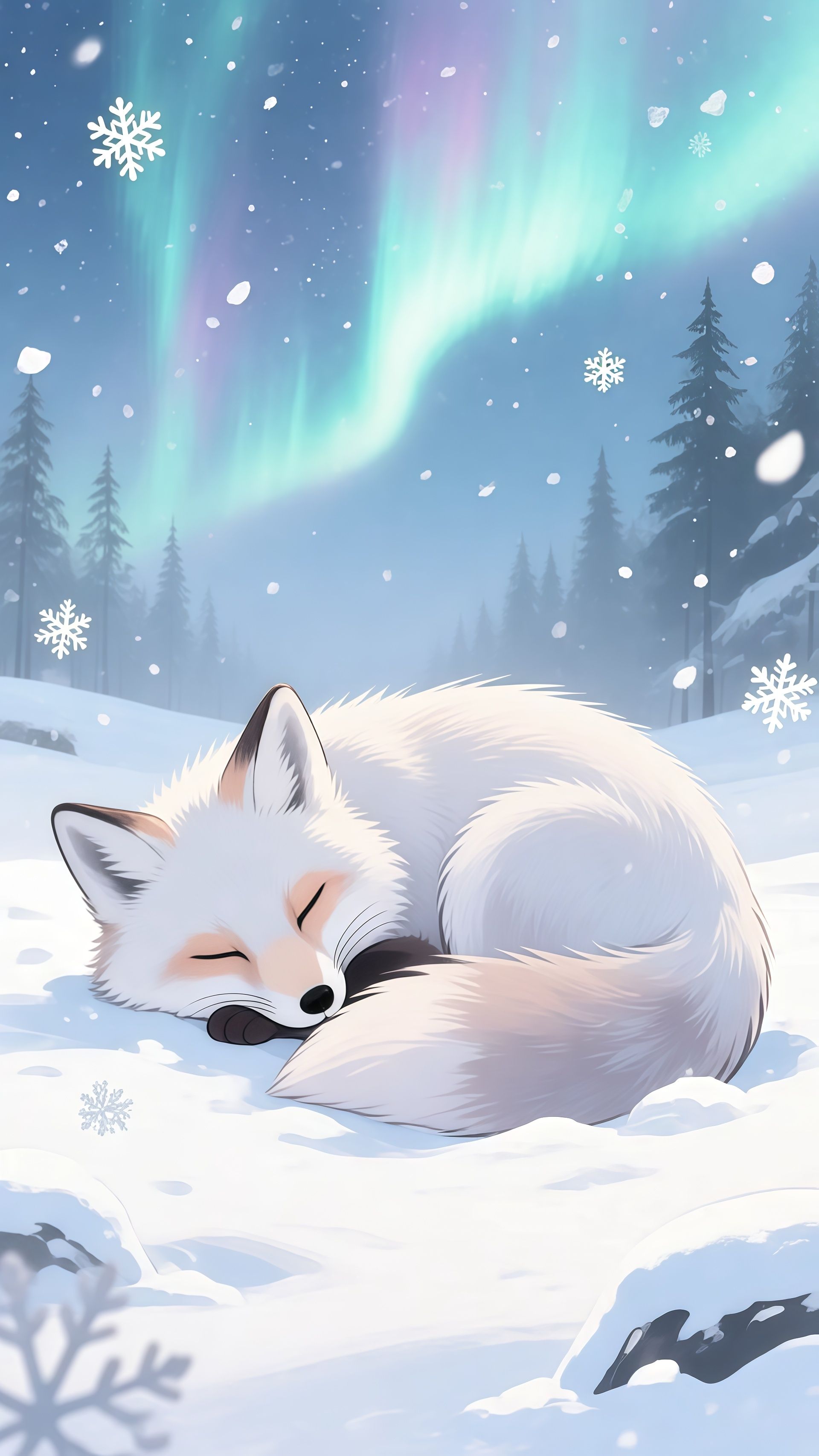 Cozy Arctic Fox Sleeping Northern Lights Wallpaper 6 iphone_14_pro