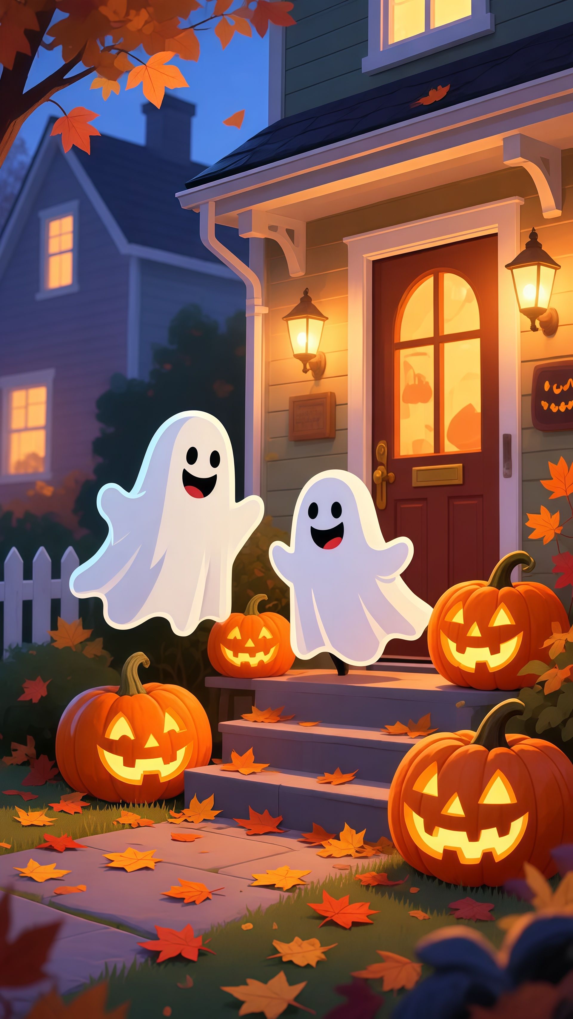 Cute Cartoon Ghosts Front Door Pumpkins Wallpaper 6 iphone_14_pro