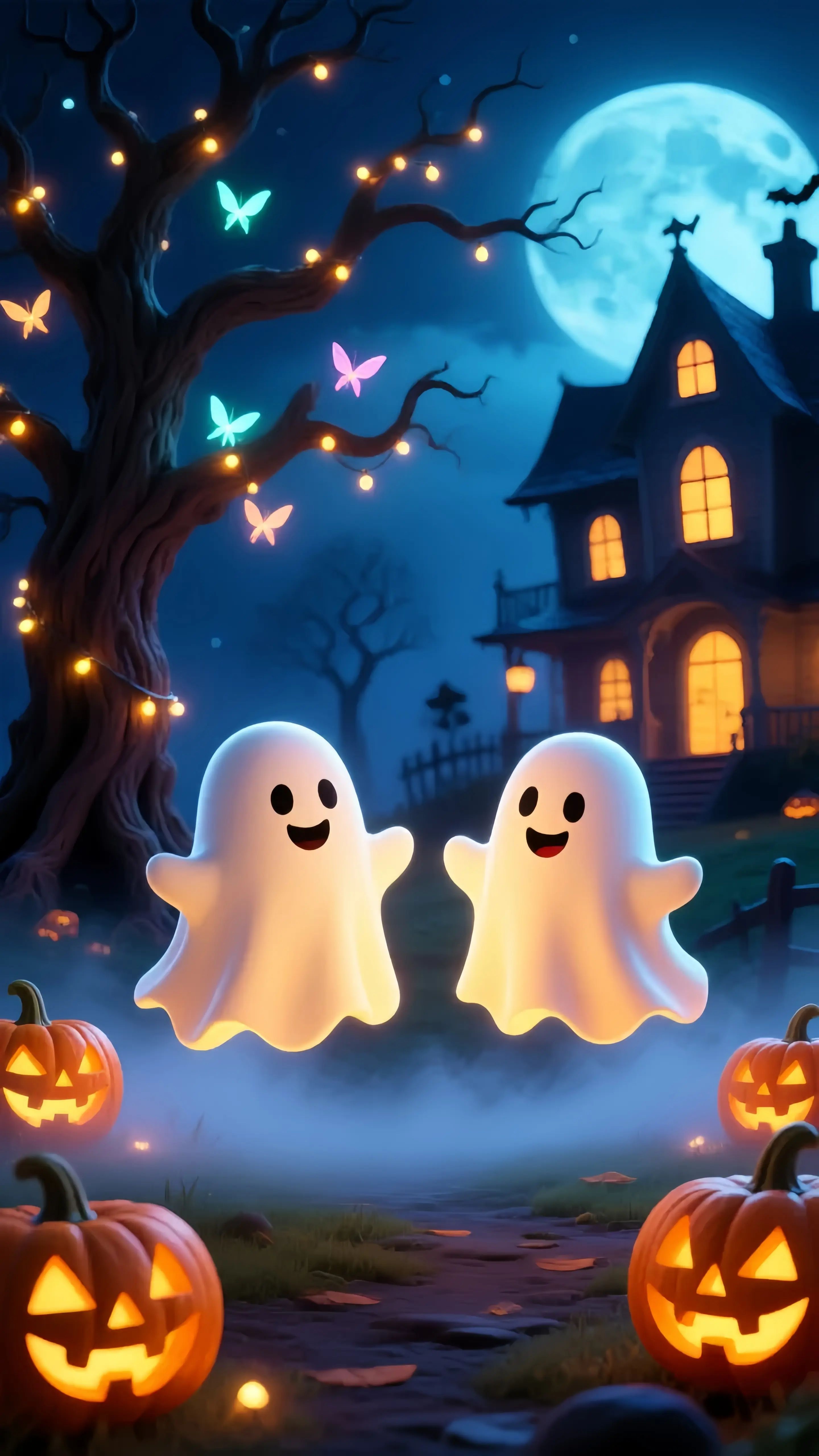 Cute Ghost Duo Haunted House Wallpaper 6 iphone_14_pro