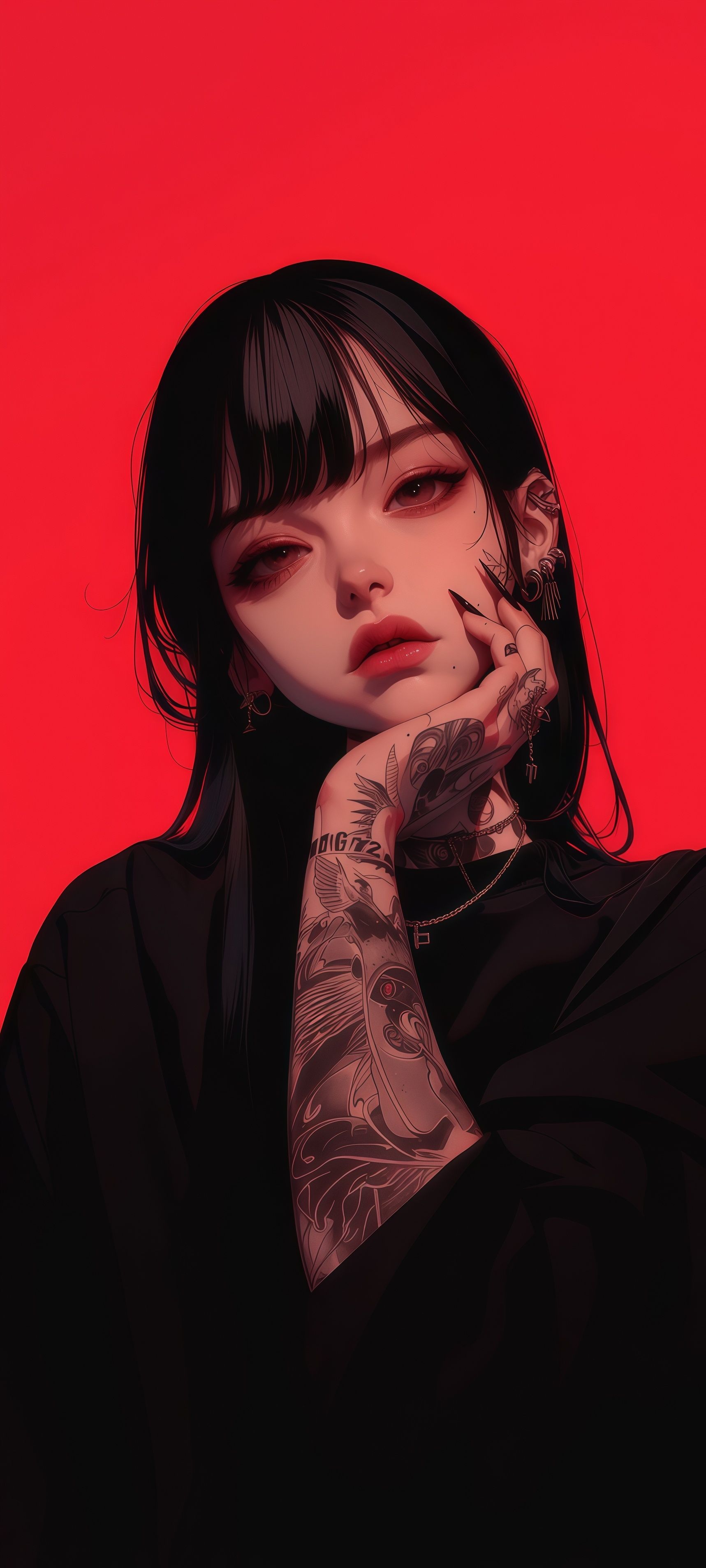 Gothic Tattoo Anime Girl Red Aesthetic Wallpaper 4 iphone_14_pro