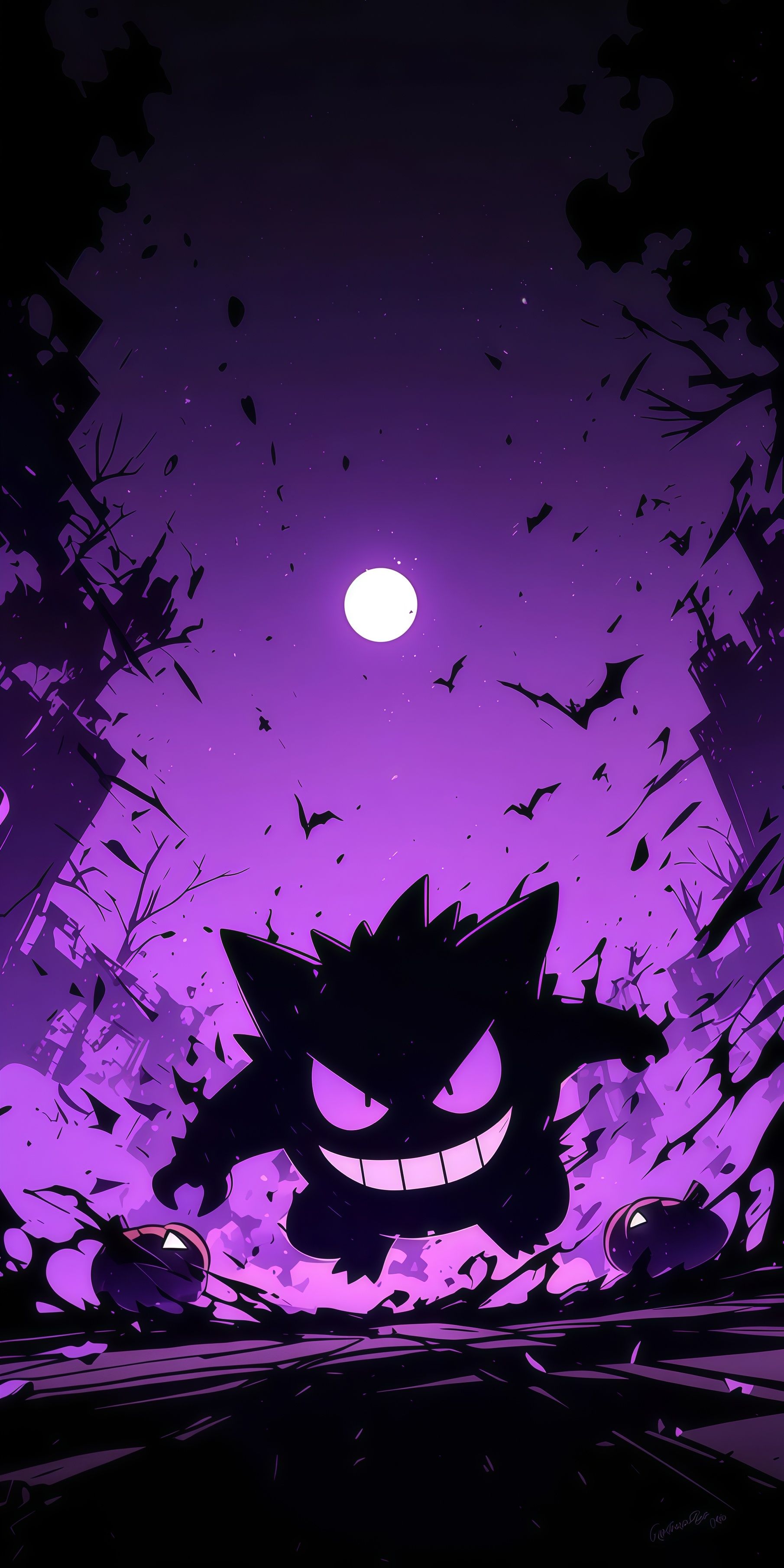 Halloween Gengar Purple Haunted City Wallpaper 2 iphone_14_pro