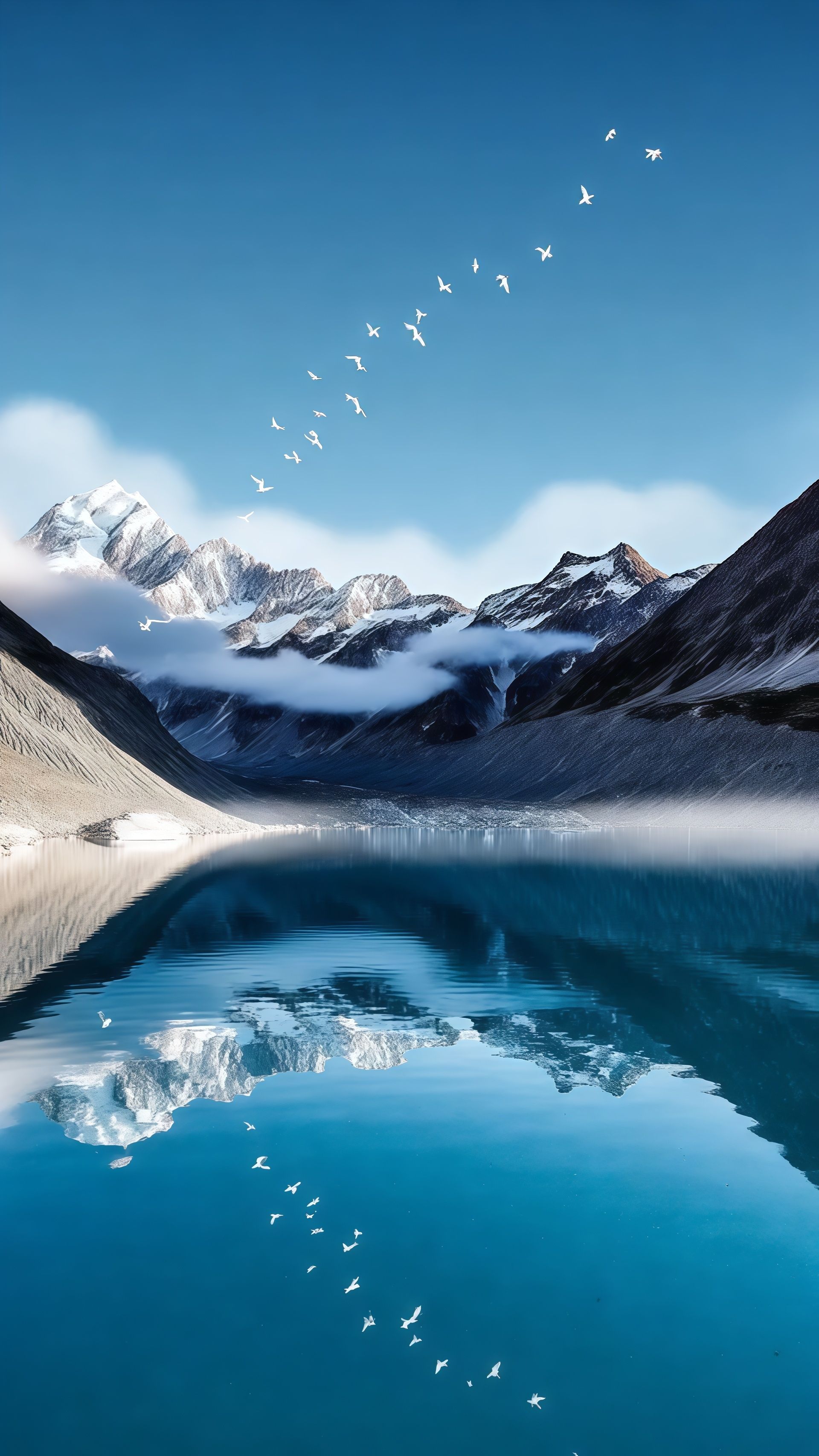 Snowy Mountain Lake Reflection Flying Birds Wallpaper 6 iphone_14_pro
