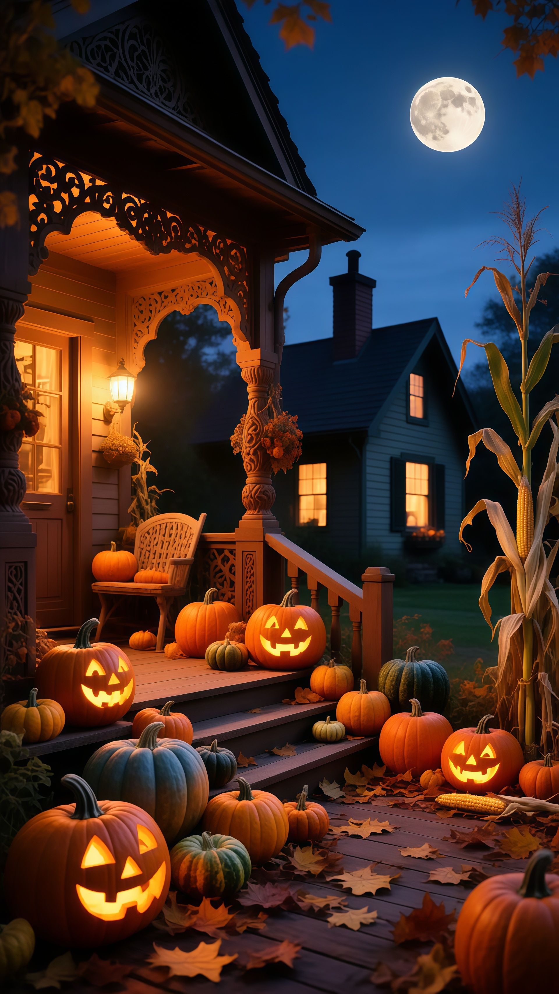 Spooky Halloween Pumpkins Porch Full Moon Wallpaper 6 iphone_14_pro