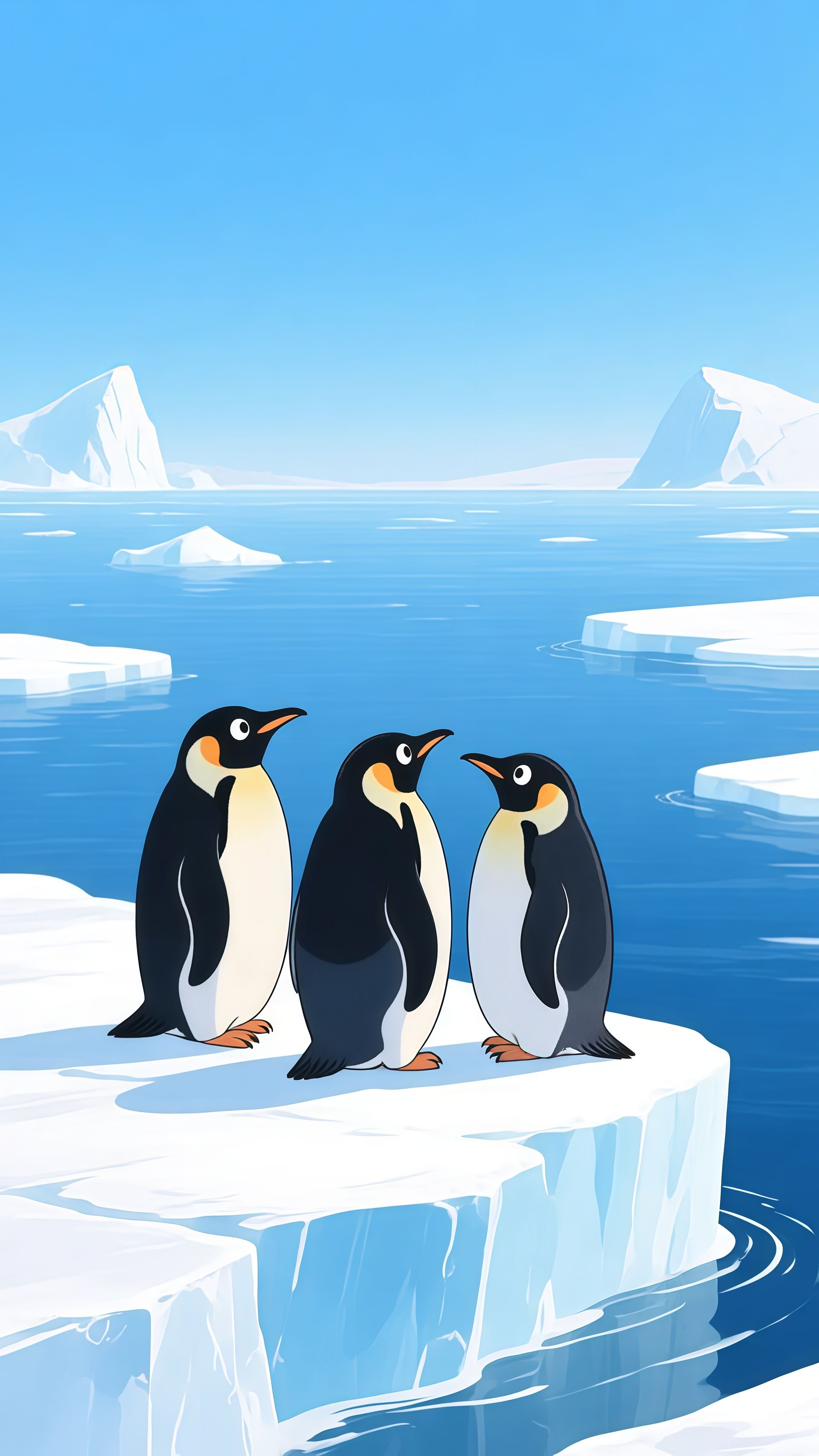 Three Cartoon Emperor Penguins On Ice Floe Wallpaper 6 iphone_14_pro
